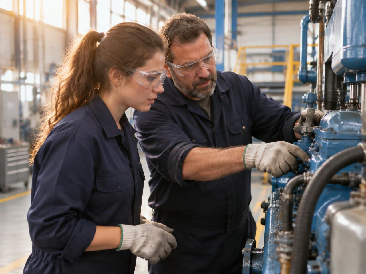 An experienced technician showing a new hire a maintenance task in a plant
