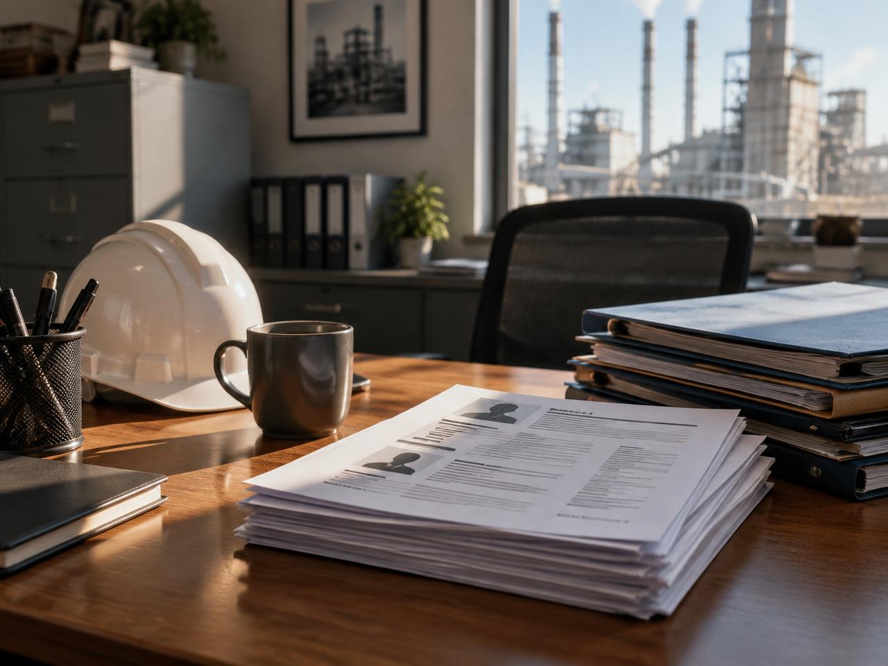 A stack of printed résumés and folders on a plant supervisor's desk beside a hard hat