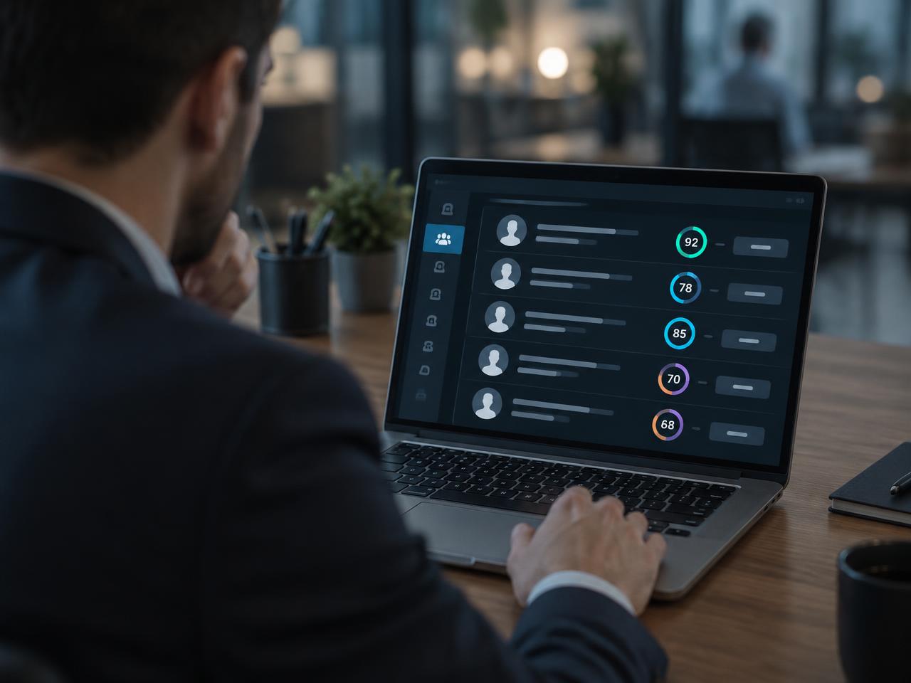 A hiring manager reviewing a ranked candidate list with fit scores on a laptop